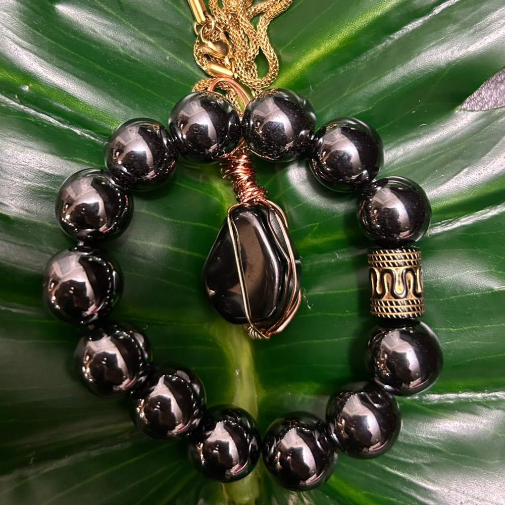 chunky HEMATITE wire wrapped pendant gold necklace & bracelet set ARTISAN MADE